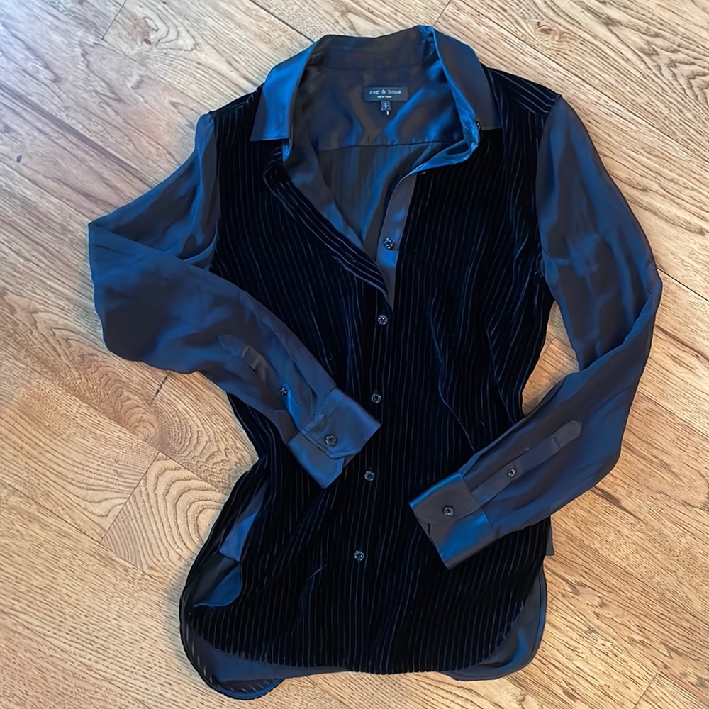 rag & bone black silk and velvet button down size small